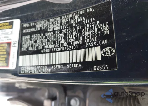 2015 Toyota Camry Le z USA, uszkodzony, nr VIN 4T4BF1FK9FR462131